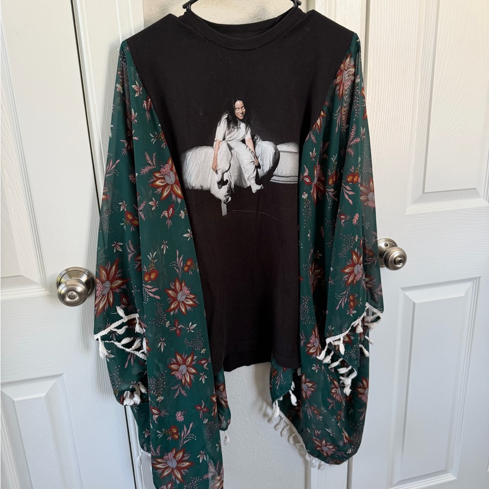 Floral Kimono with Black Graphic Tee